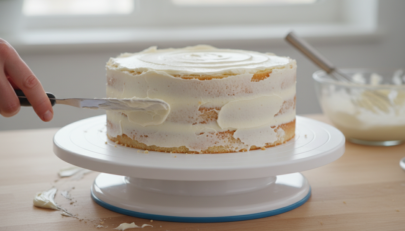 Cake being crumb-coated with white frosting first layer, spa