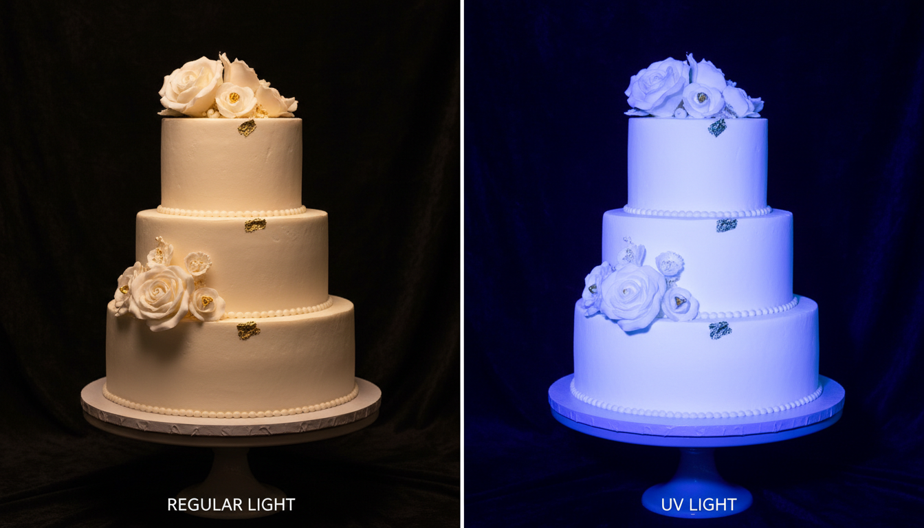 Side-by-side comparison: white cake under regular light vs s