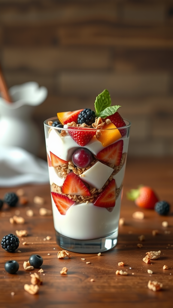 A delicious Greek yogurt parfait with layers of yogurt, granola, and fresh berries in a clear glass.