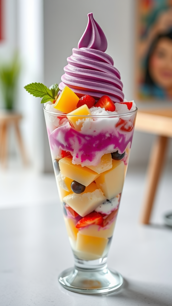 A colorful serving of halo-halo topped with ube ice cream, fruits, and shaved ice.