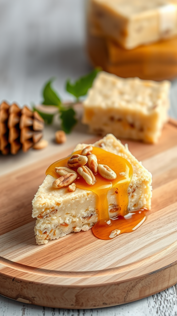 A slice of halva dessert drizzled with honey and topped with nuts, served on a wooden plate.