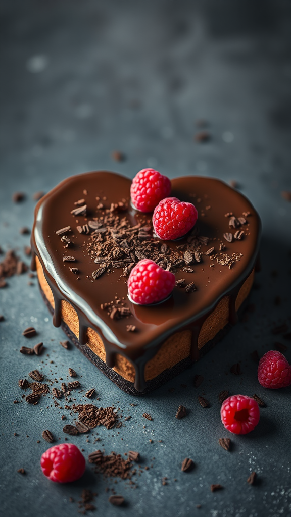Heart-shaped chocolate cheesecake topped with raspberries and chocolate shavings.