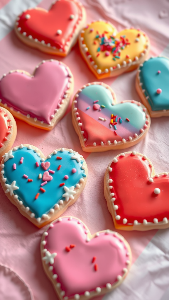 Brightly colored heart-shaped sugar cookies with icing and sprinkles.