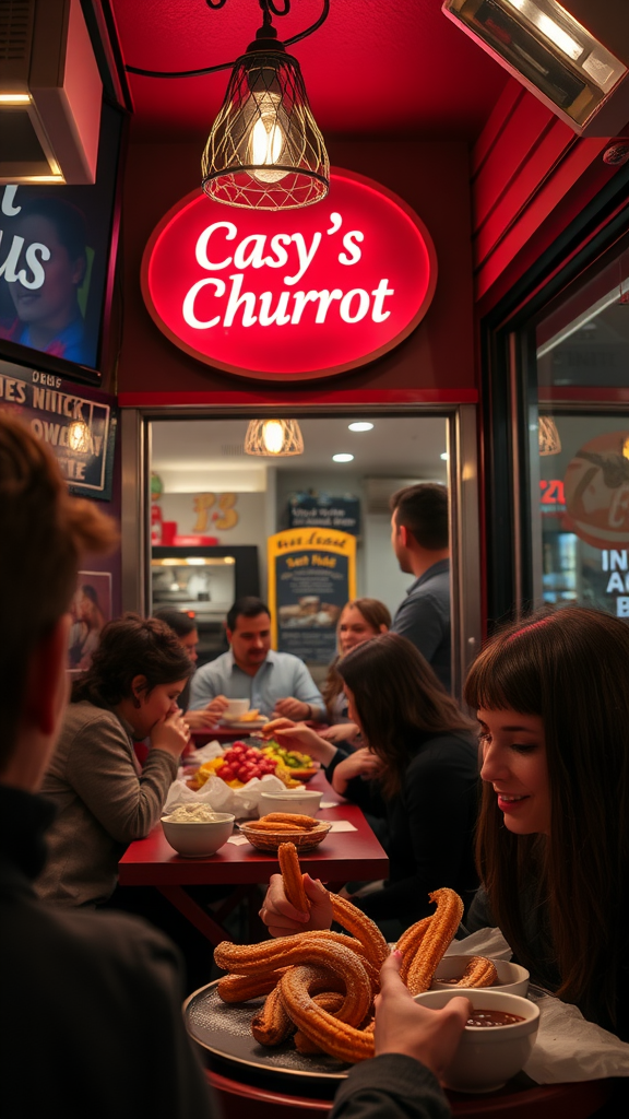 A cozy late-night scene at Casey's Churrot in Downtown Los Angeles, showcasing a group of people enjoying churros.