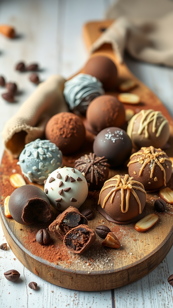 Homemade chocolate truffles on a wooden board, showcasing various toppings and textures.