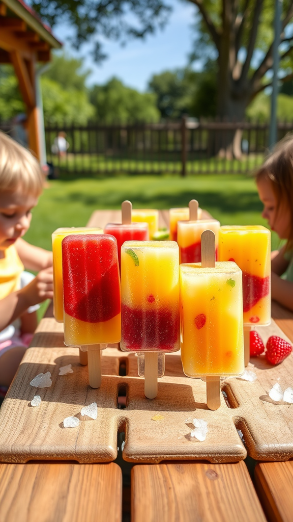 Colorful homemade fruit popsicles on a wooden table with children in the background