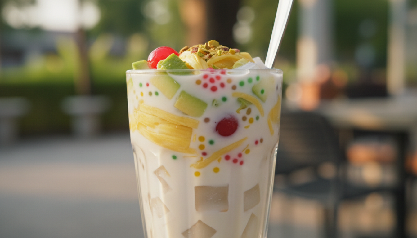 Es teler in clear glass: coconut jelly cubes, avocado, jackf