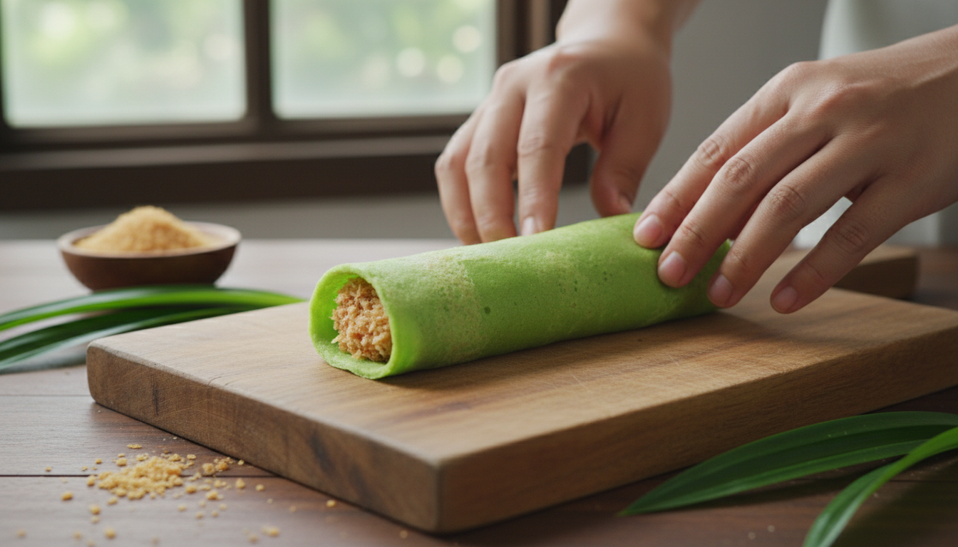 Dadar gulung green pandan pancake being rolled with sweet co