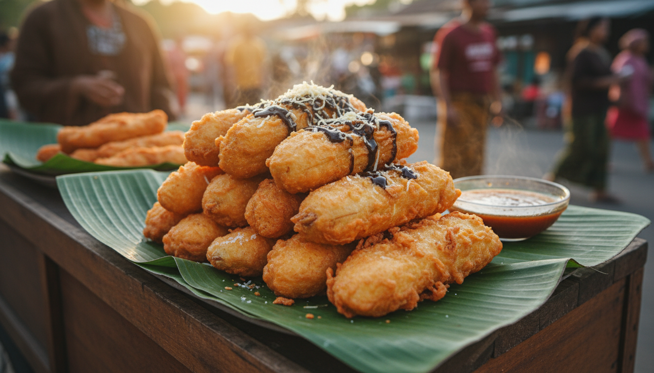 Pisang goreng — golden fried banana fritters with crispy bat