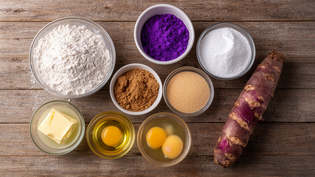 Flat-lay overhead of all ingredients for ube crinkle cookies: flour, cocoa, ube powder, sugars, butter, eggs, oil, powdered sugar, ube root