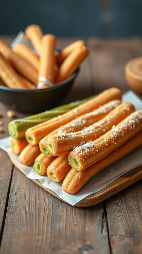 Colorful churros displayed on a wooden board, showcasing unique flavors.