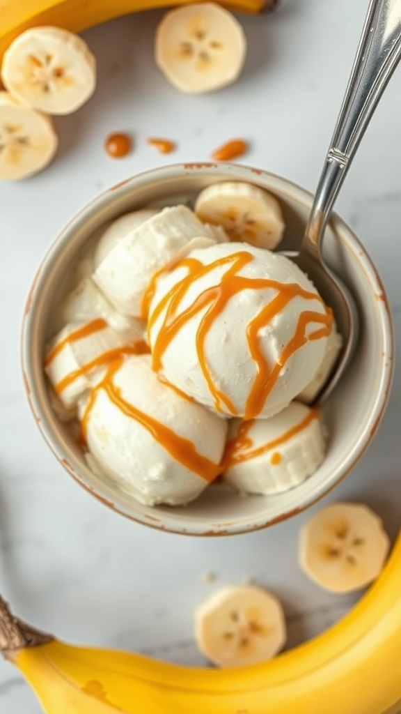 A bowl of creamy banana ice cream topped with nut butter and banana slices.