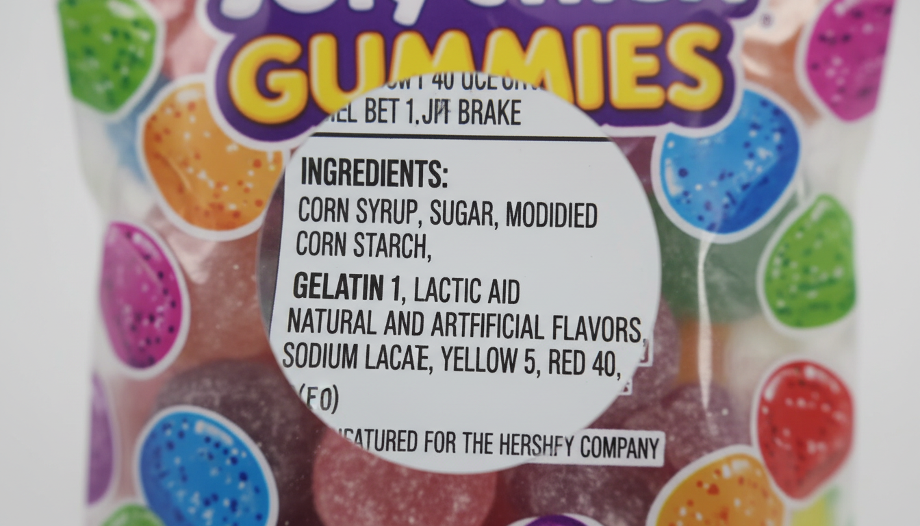 Ingredient label of Jolly Rancher gummies zoomed in showing 