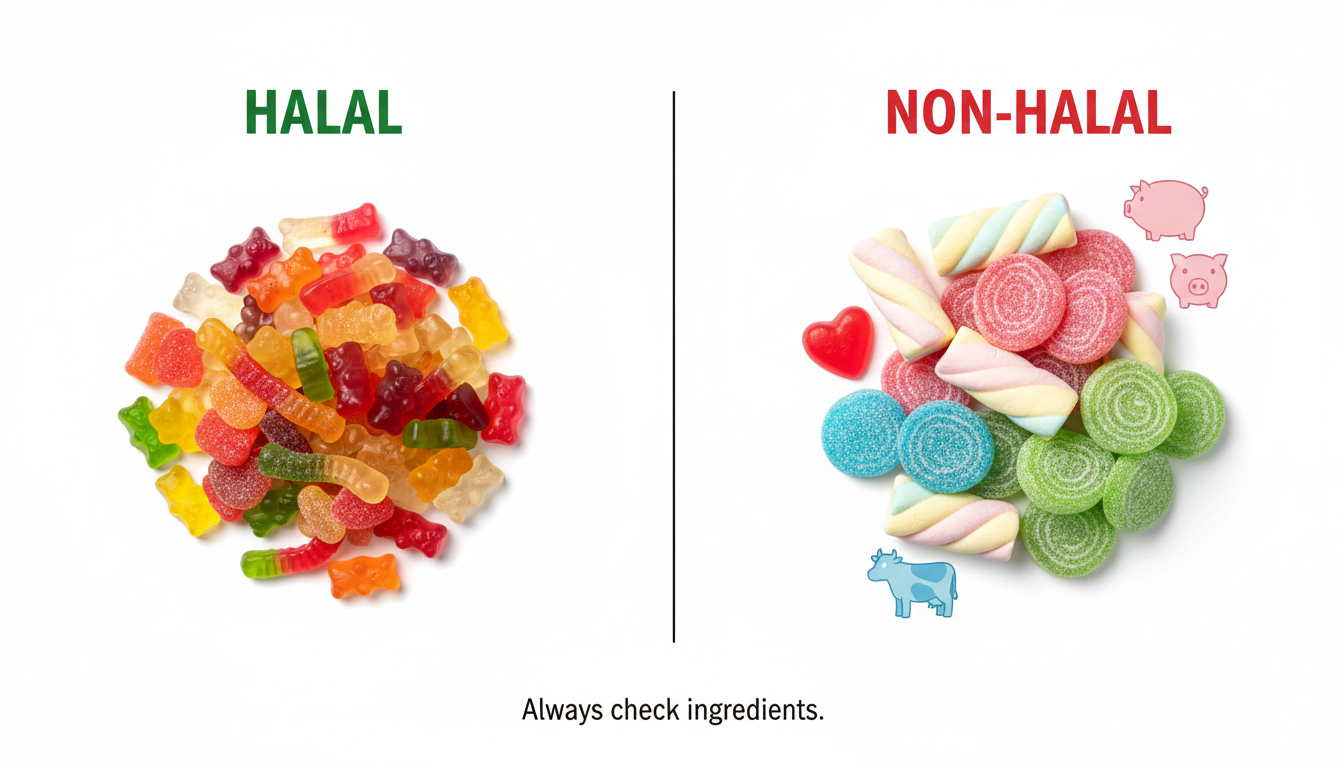 Halal food guide concept: candy sorted into halal vs non-hal
