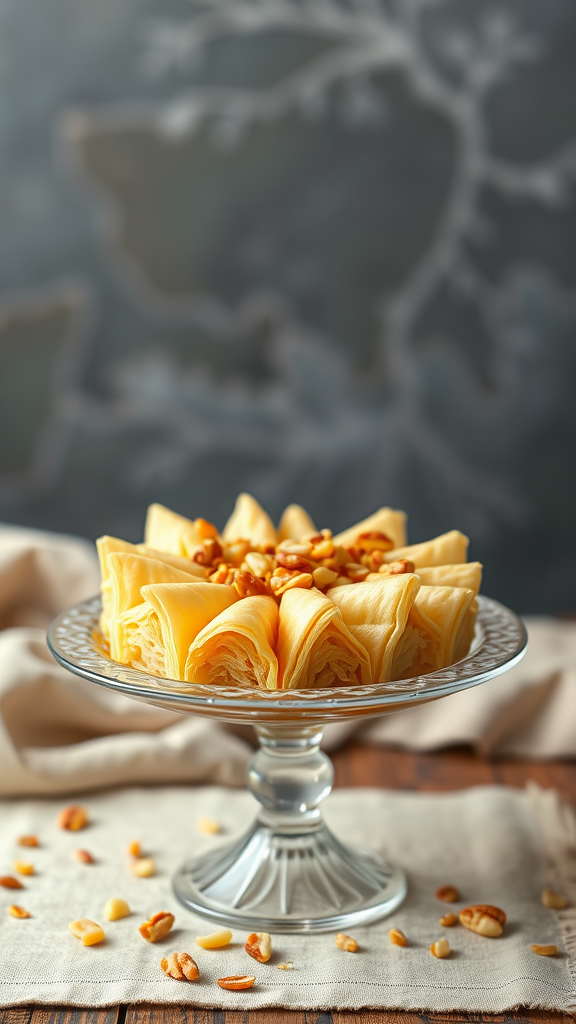 Kataifi, a Greek shredded phyllo dessert, beautifully presented with nuts on a glass cake stand.