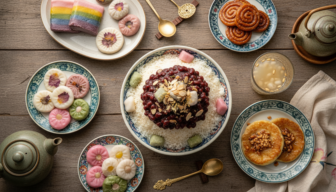 Traditional Korean desserts assortment - bingsu, tteok, hotteok, and yakgwa