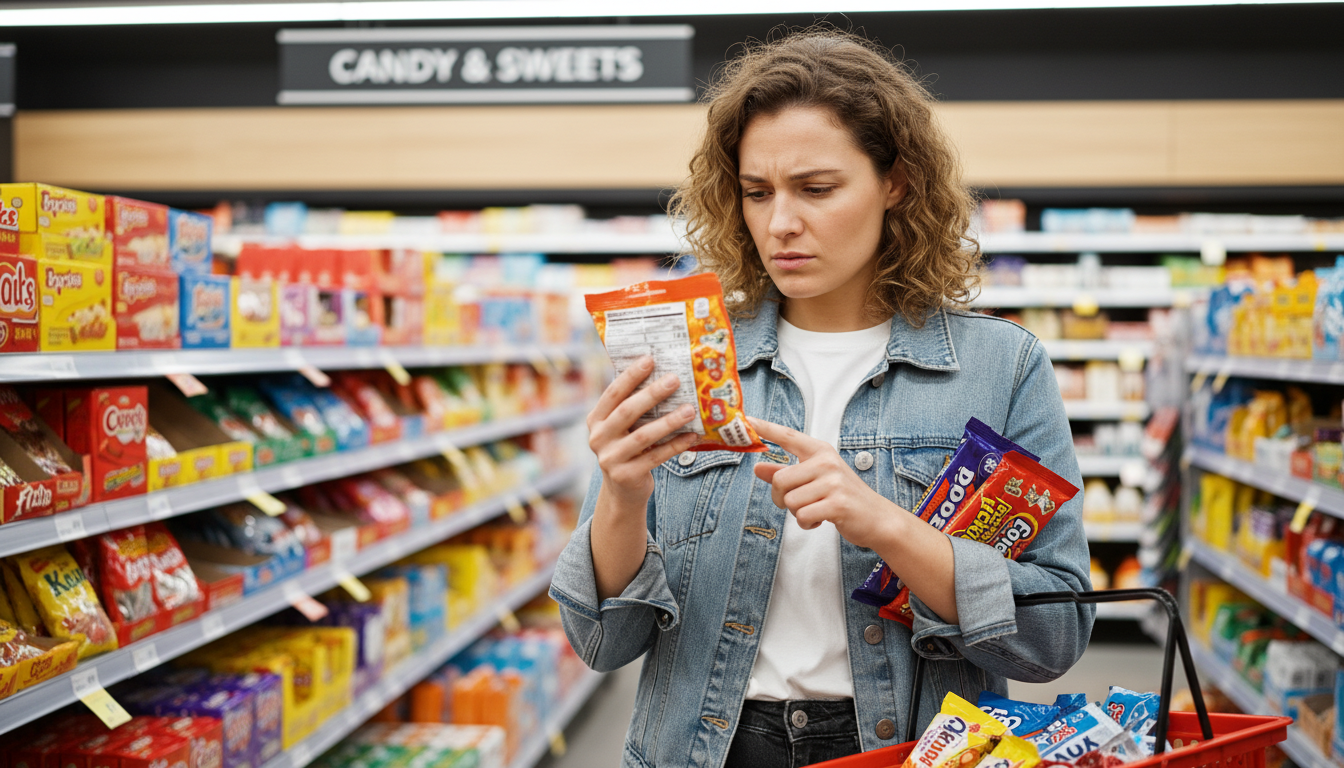 Person reading candy ingredient labels carefully while shopping in a grocery store candy aisle