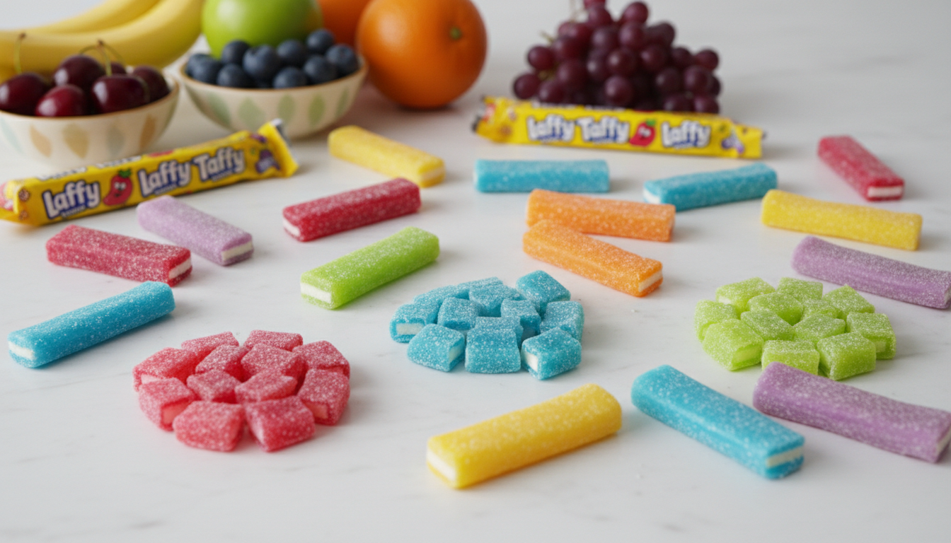 Colorful Laffy Taffy candy pieces in various fruit flavors spread on a white surface