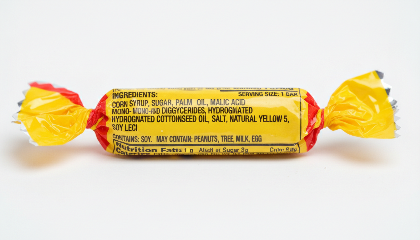 Close-up of Laffy Taffy candy wrapper showing ingredients label