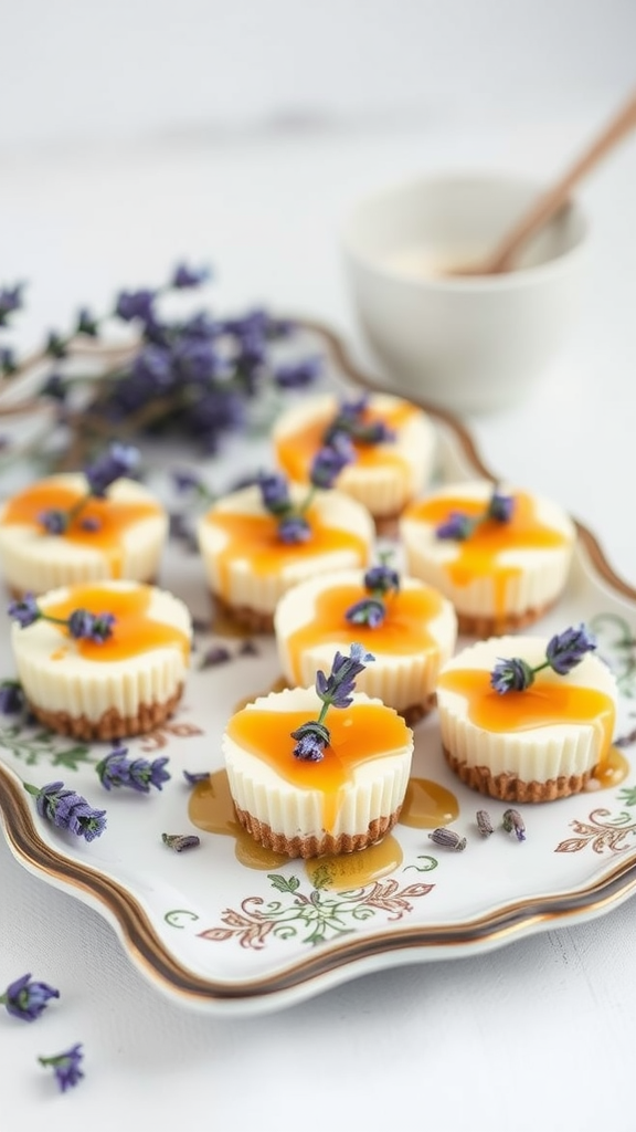 Lavender Honey Cheesecake Bites on a decorative platter