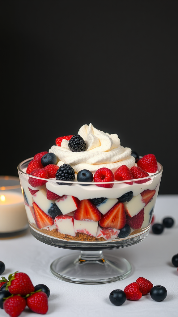 A colorful layered berry trifle with strawberries, blueberries, and raspberries, topped with whipped cream.