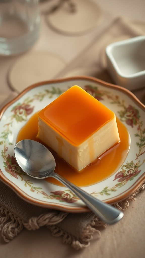 A serving of leche flan topped with caramel sauce on a decorative plate.