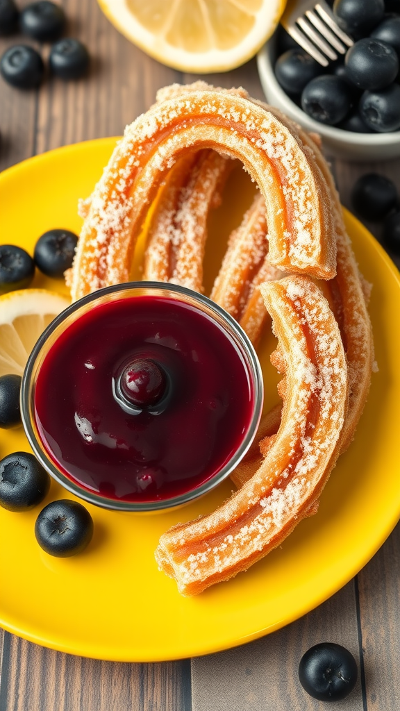 Plate of lemon blueberry churros with blueberry sauce and fresh blueberries on a wooden table