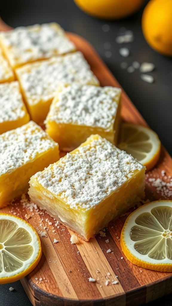 Delicious lemon coconut bars with a dusting of powdered sugar, served on a wooden board with fresh lemon slices.