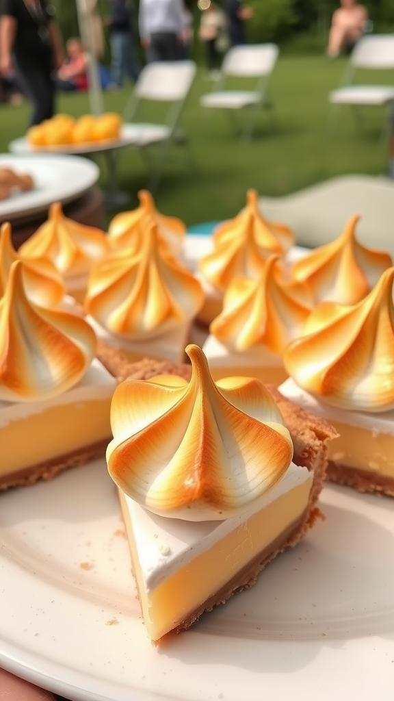 Lemon meringue pie slices with golden meringue topping