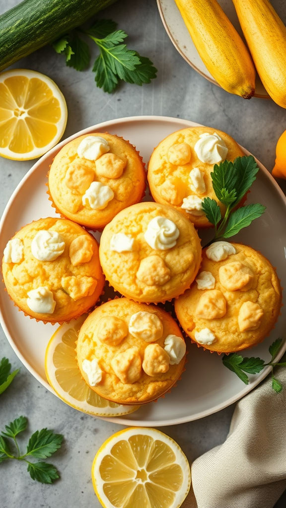 A plate of freshly baked lemon zucchini muffins garnished with lemon slices and green leaves.