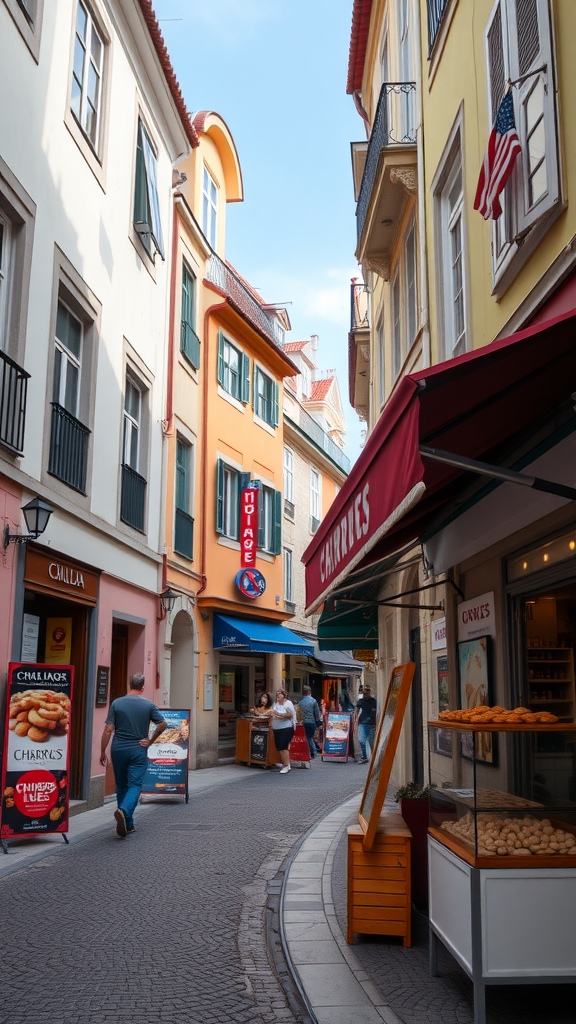 A colorful street in Lisbon with shops, ideal for churro tasting.