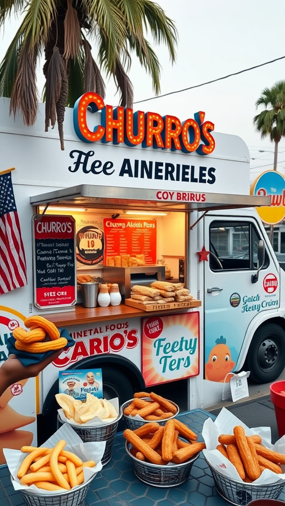 A colorful churro truck with baskets of churros in front, set against palm trees in Los Angeles.