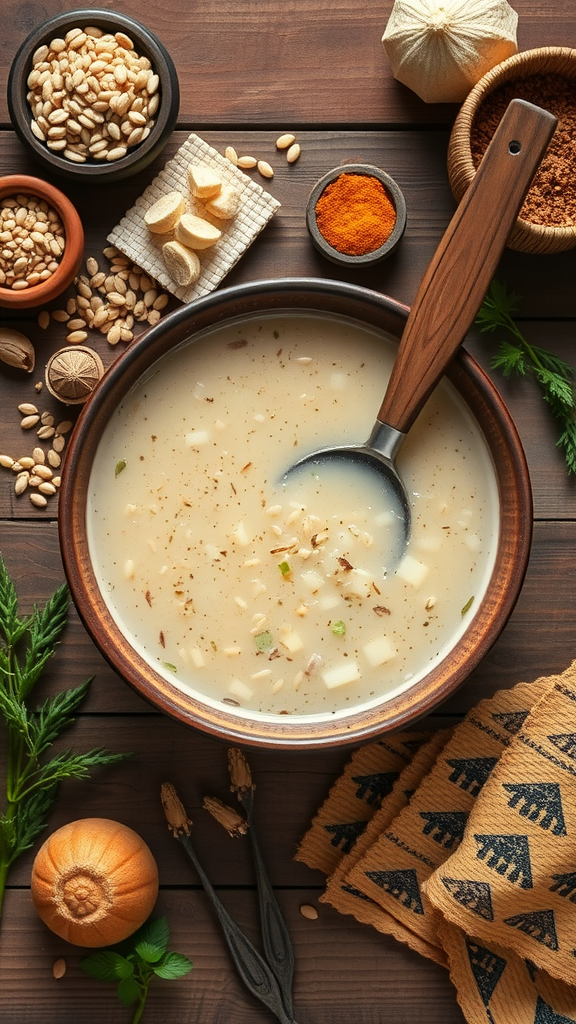 Bowl of lotus seed and barley soup with ingredients