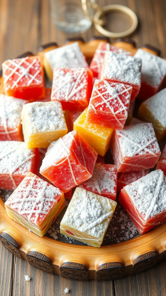 A colorful platter of homemade Loukoum, Turkish Delight, dusted with powdered sugar.
