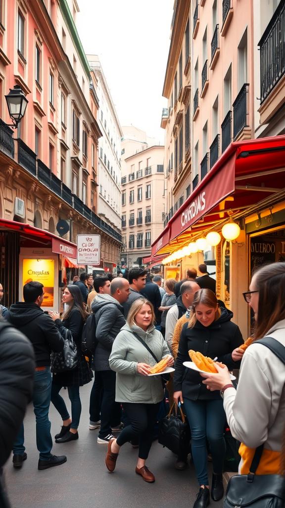 A busy street in Madrid filled with people enjoying churros at various shops