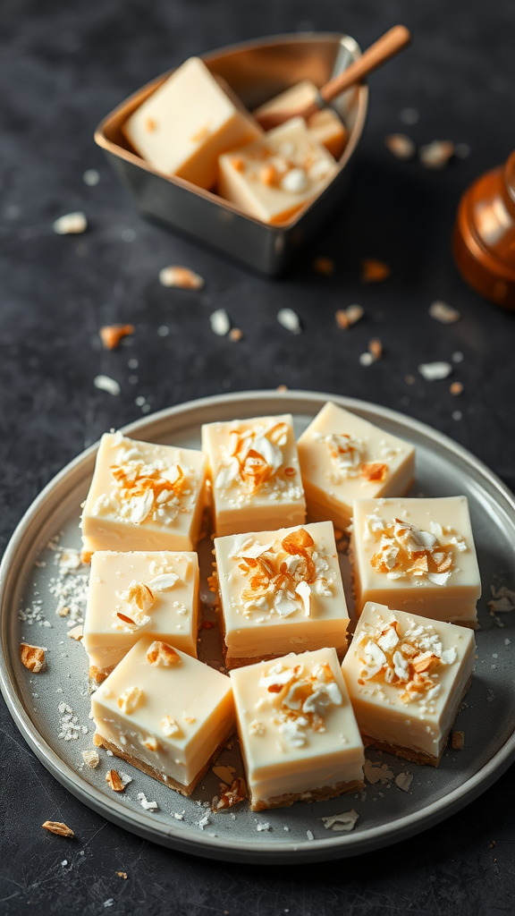 Delicious Maja Blanca coconut pudding pieces garnished with toasted coconut