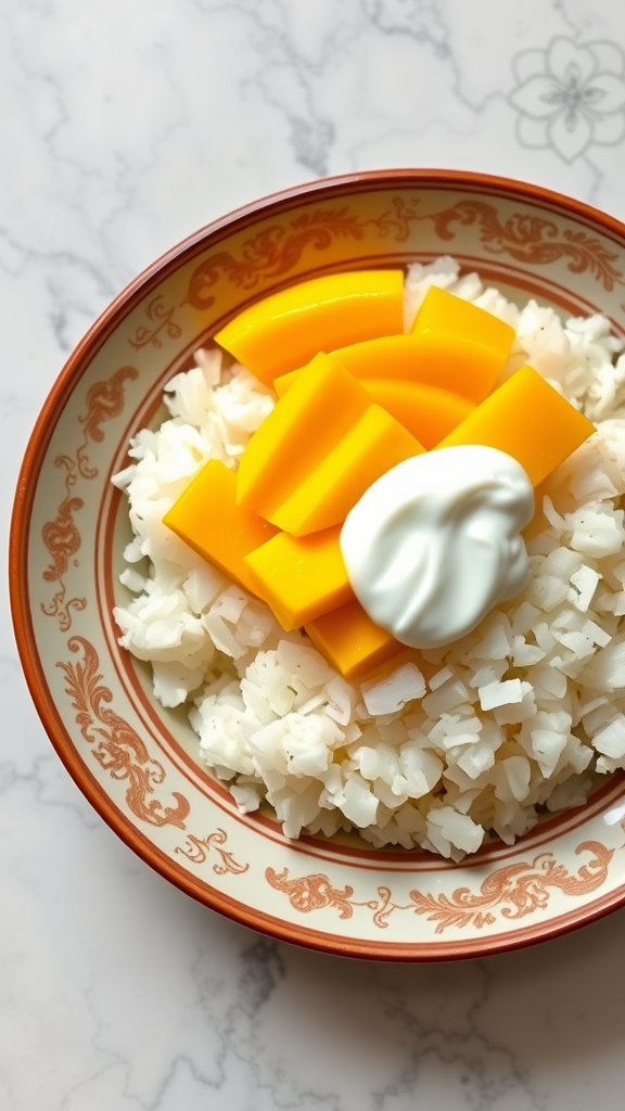 A bowl of mango sticky rice topped with ripe mango slices and a dollop of coconut cream.