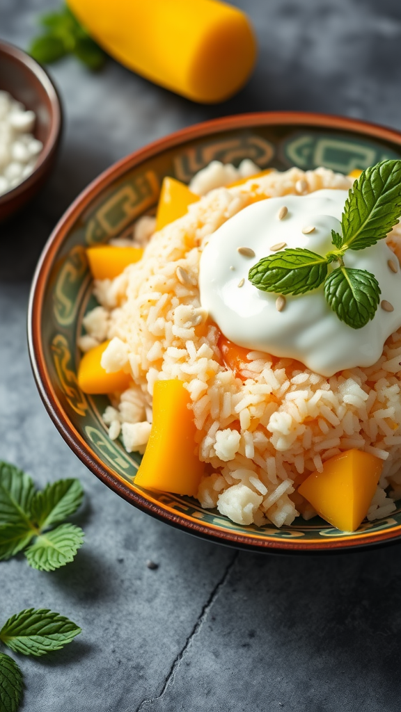 A bowl of mango sticky rice with coconut cream, garnished with mint leaves.