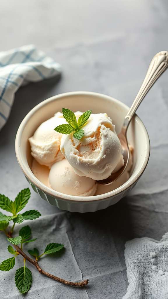 Delicious masticha ice cream served in a bowl with a mint garnish.