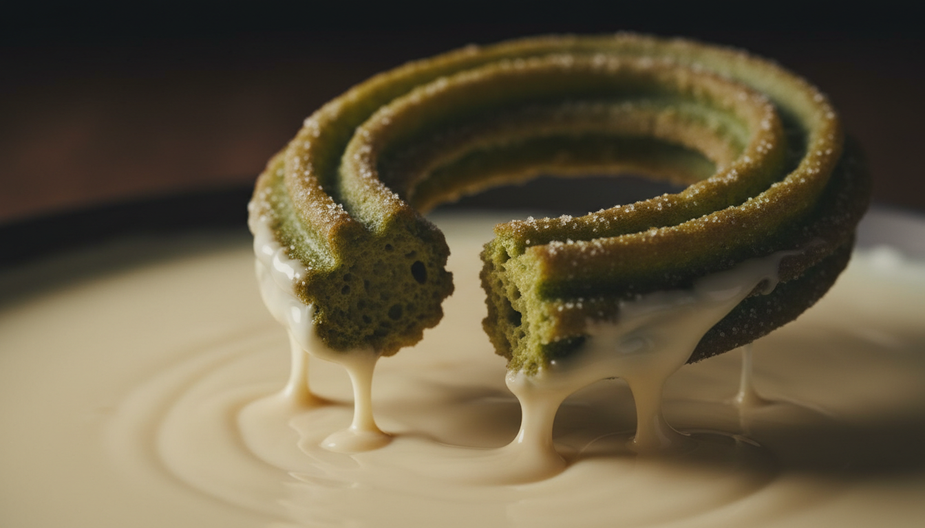 Matcha churro being dipped into white chocolate sauce