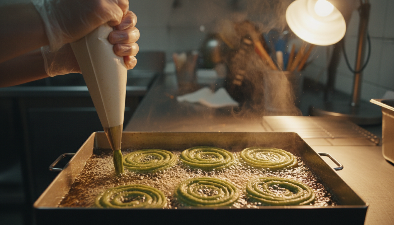 Piping matcha churro dough into hot oil