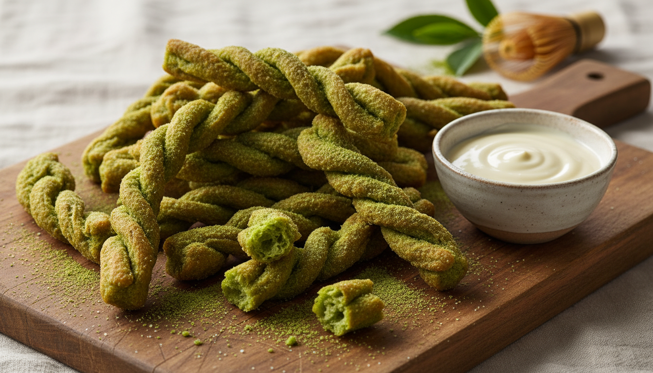 Matcha churros with white chocolate dipping sauce on a wooden board