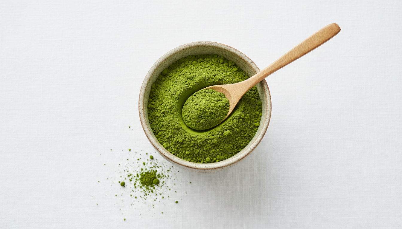 Culinary grade matcha powder in a ceramic bowl