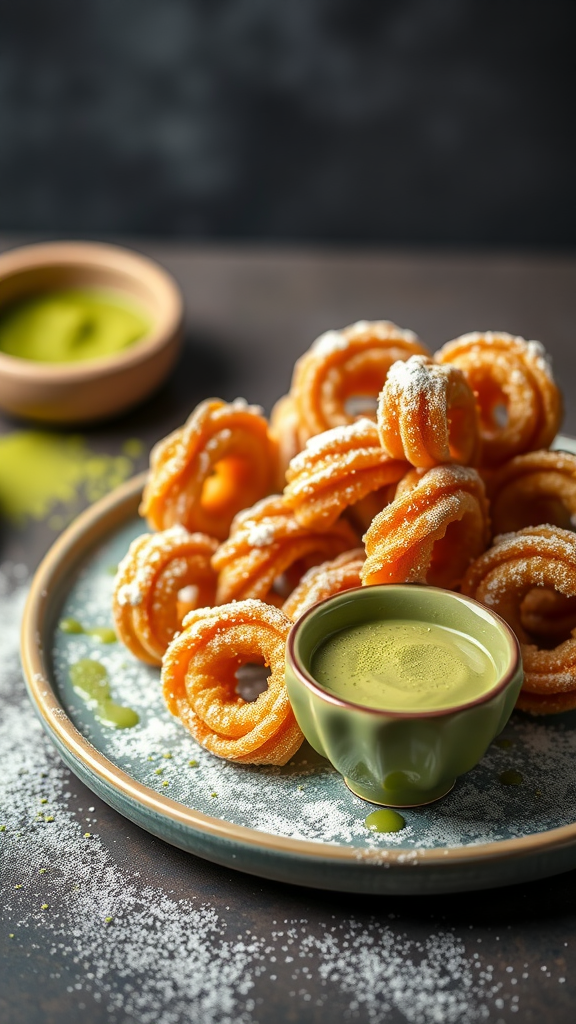 A plate of matcha green tea churros with a small bowl of matcha dipping sauce, dusted with powdered sugar.