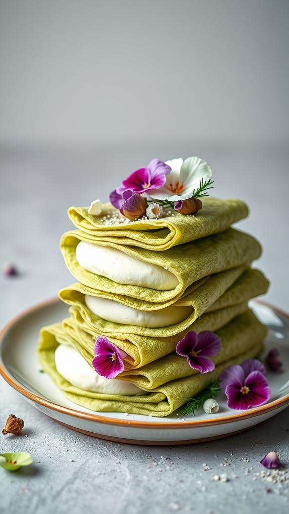 Matcha green tea crepes stacked with cream filling and garnished with edible flowers.