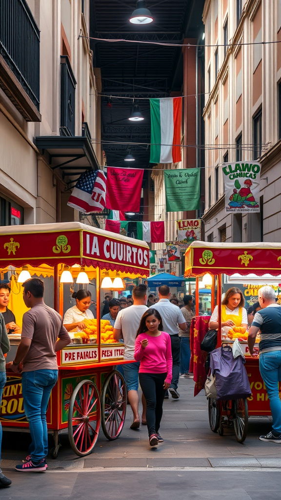 A lively street in Mexico City with churro carts and people enjoying churros.