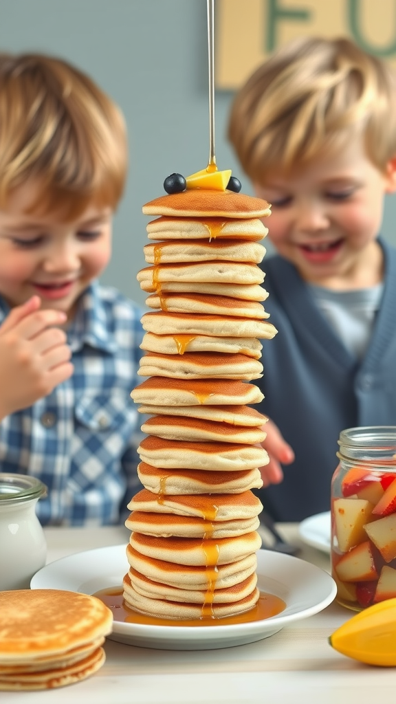 Mini pancake stacks topped with syrup and fresh fruits, enjoyed by children.