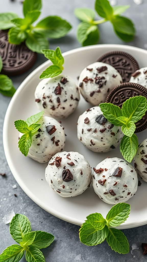 Minty Oreo Protein Snack Bites arranged on a plate with mint leaves