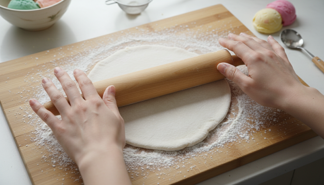 Rolling mochi dough on a starch-dusted surface