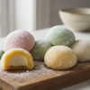 Homemade mochi ice cream balls in pastel colors on a wooden board